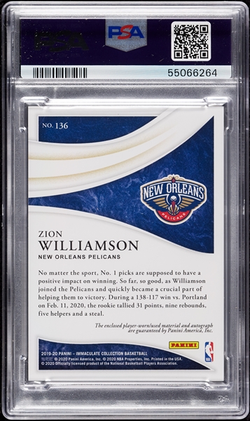 2019 Panini Immaculate Zion Williamson RC No. 136 Patch Autograph TAG (1/5) PSA 9 (AUTO 10)
