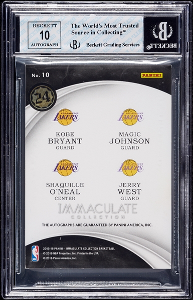 2015 Immaculate Kobe Bryant/Magic Johnson/Shaquille O'Neal/Jerry West Quad Autographs (8/10) BGS 7.5 (AUTO 10)