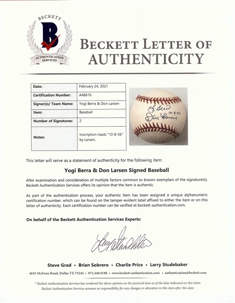Yogi Berra & Don Larsen Signed OAL Baseball (BAS)