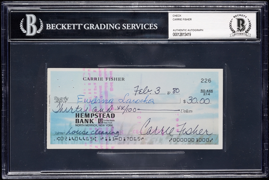 Carrie Fisher Signed Personal Check (1980) (BAS)