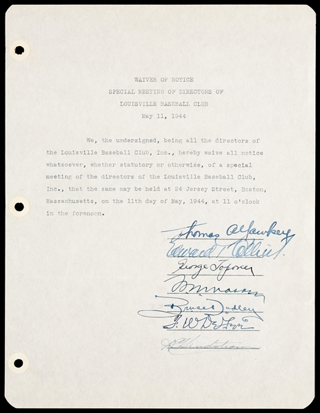 Tom Yawkey, Eddie Collins & Others Signed Document (1944) (BAS)
