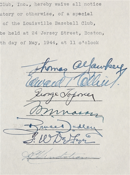 Tom Yawkey, Eddie Collins & Others Signed Document (1944) (BAS)