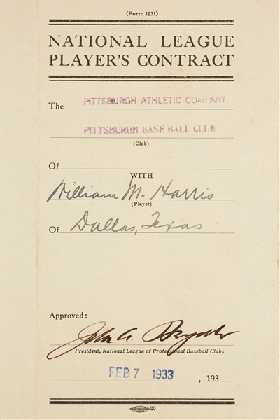 William Harris Player’s Contract With Heydler Signature (1933) (BAS)