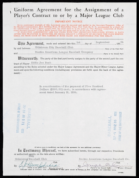 Assignment of Player’s Contract Signed by Joe Cronin (1956) (BAS)