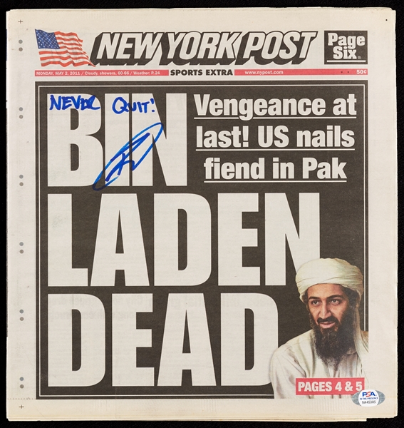 Robert J. O'Neill Signed New York Post Bin Laden Dead - US Navy Seal Who Killed Bin Laden (PSA/DNA)