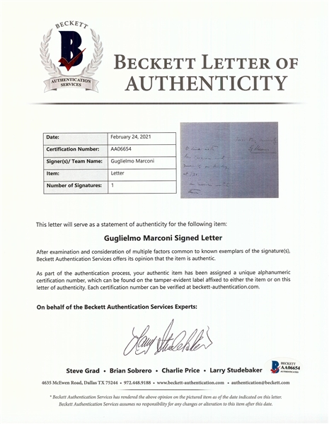 Rare Guglielmo Marconi Handwritten Signed Letter (1904) (BAS)