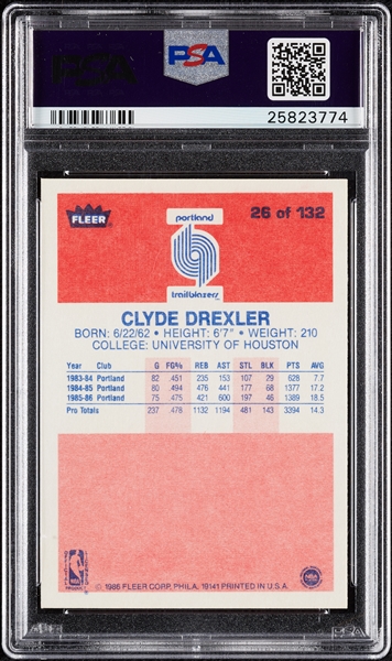 1986 Fleer Clyde Drexler RC No. 26 PSA 10