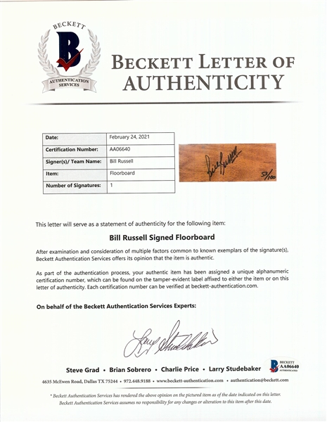 Bill Russell Signed Boston Garden Floor Piece Display (53/100) (BAS)
