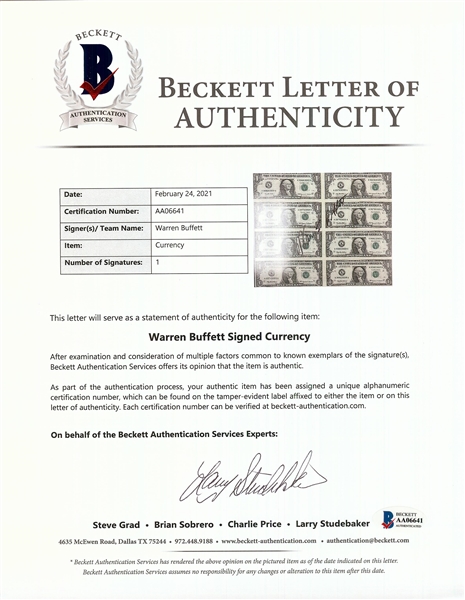 Warren Buffett Signed $1 Sheet Framed Display (BAS)