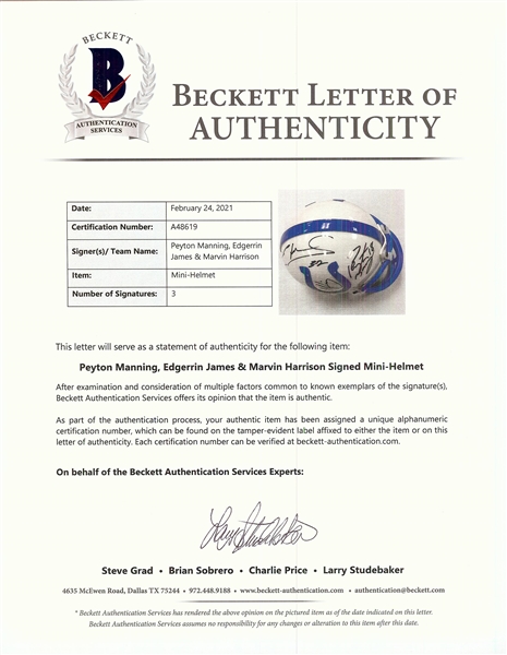 Peyton Manning, Edgerrin James & Marvin Harrison Signed Colts Mini-Helmet (BAS)