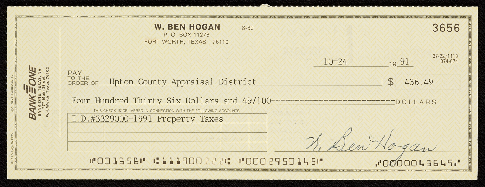 Ben Hogan Signed Check (1991) (BAS)