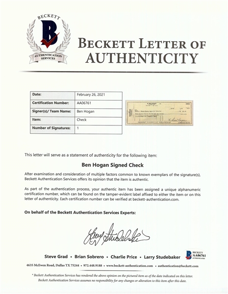 Ben Hogan Signed Check (1991) (BAS)