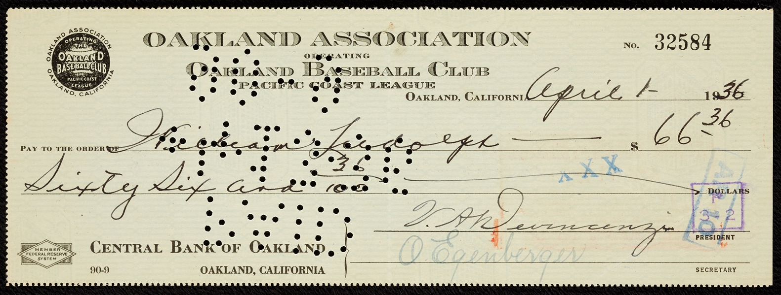 Wee Willie Ludolph Signed Oakland PCL Check (1936)