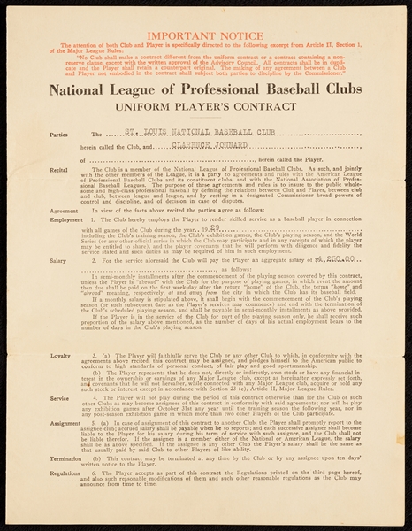Bubber Jonnard Player’s Contract With Jonnard, Heydler and Rickey Sigs (1929)