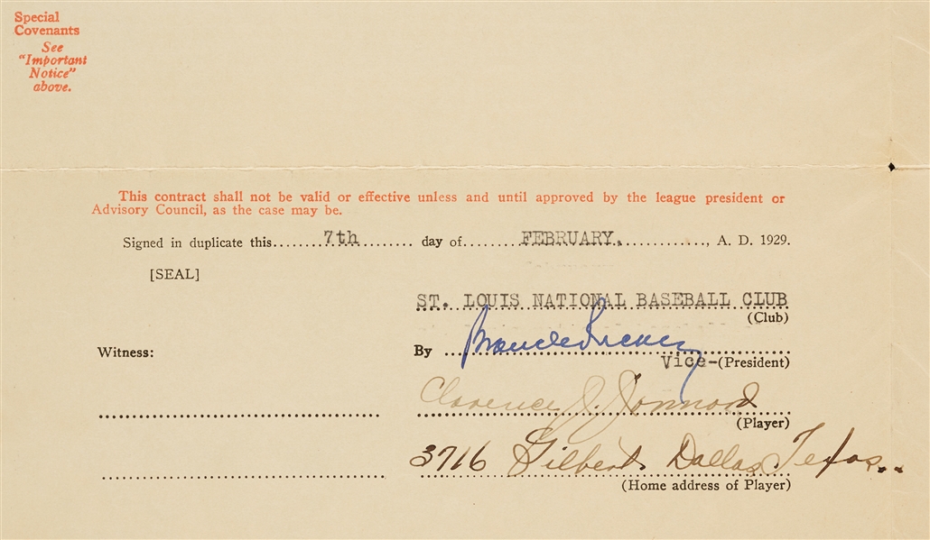 Bubber Jonnard Player’s Contract With Jonnard, Heydler and Rickey Sigs (1929)