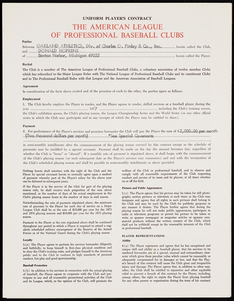 Don Hopkins Athletics Player’s Contract With MacPhail, Finley, Hopkins Sigs (1977)