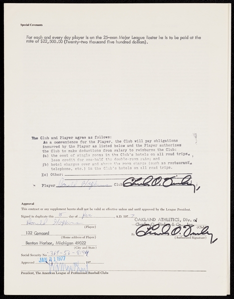 Don Hopkins Athletics Player’s Contract With MacPhail, Finley, Hopkins Sigs (1977)