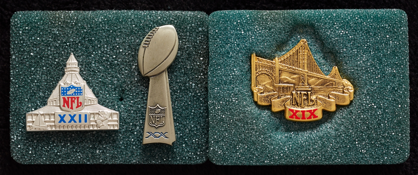 Three High-Grade Super Bowl Pins from 1984, 1985 and 1987 Seasons (3)