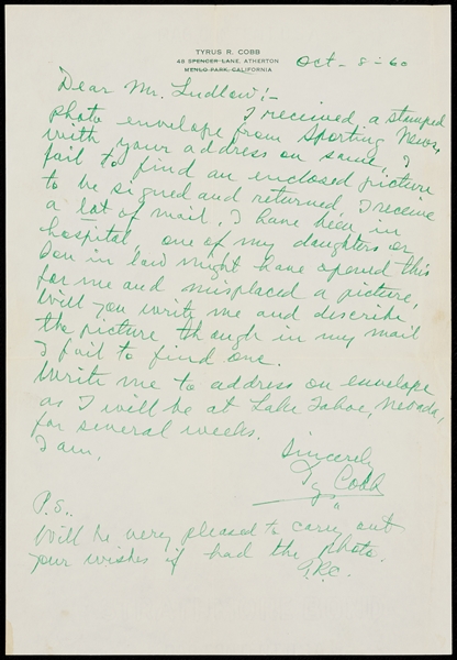 Fabulous Ty Cobb Personal Letter With Green Signature (1960) (BAS)