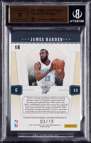 2010-11 National Treasures James Harden Timeline Materials Team Names Prime Sigs (3/15) BGS 9.5 (AUTO 10)