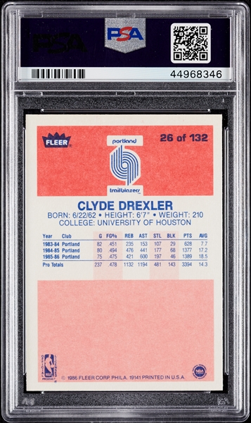 1986 Fleer Clyde Drexler RC No. 26 PSA 9