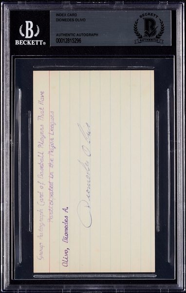 Diomedes Olivo Signed 3x5 Index Card (BAS)