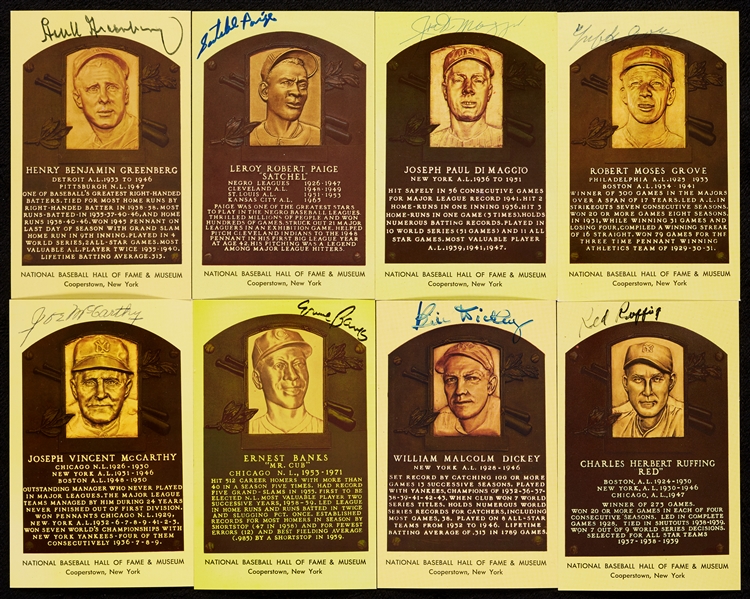 Signed Yellow HOF Plaque Postcard Group with DiMaggio, Paige, Greenberg (37)
