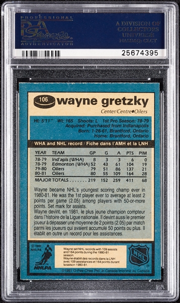 1981 O-Pee-Chee Wayne Gretzky No. 106 PSA 9