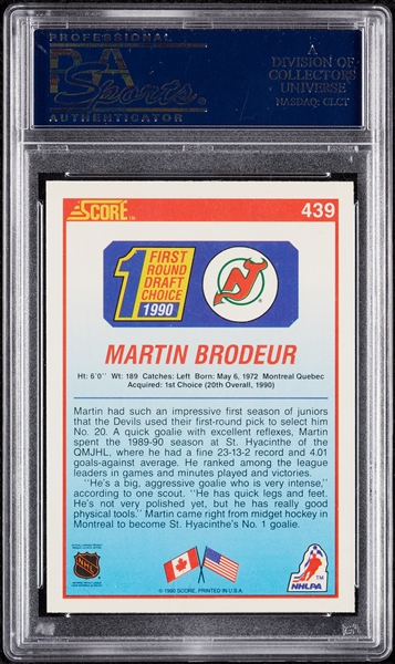 1990 Score Martin Brodeur RC No. 439 PSA 10