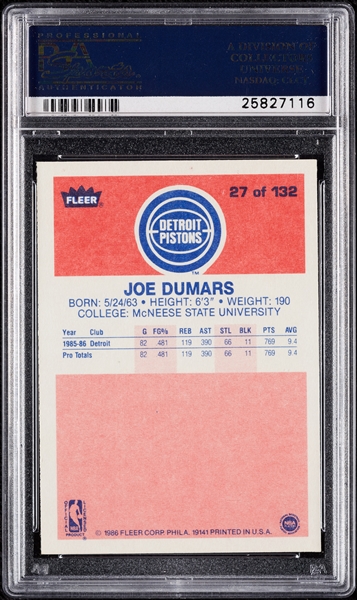 1986 Fleer Joe Dumars RC No. 27 PSA 9