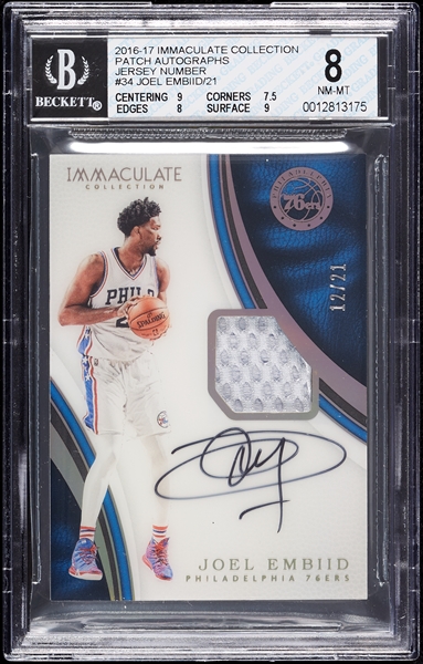 2016 Immaculate Joel Embiid Patch Autographs Jersey Number (12/21) BGS 8 (AUTO 10)
