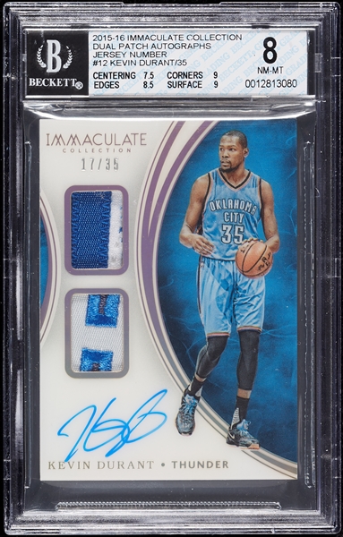 2015 Immaculate Kevin Durant Dual Patch Autographs Jersey Number (17/35) BGS 8 (AUTO 10)