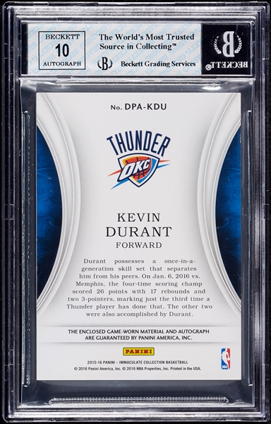 2015 Immaculate Kevin Durant Dual Patch Autographs Jersey Number (17/35) BGS 8 (AUTO 10)