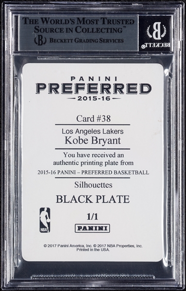2015 Panini Preferred Kobe Bryant SL Printing Plates Black (1/1) BGS 8.5