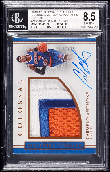 2016 National Treasures Carmelo Anthony Colossal Jersey Autos Bronze (17/25) BGS 8.5 (AUTO 9)