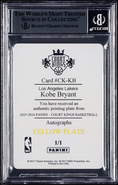 2015 Court Kings Autographs Kobe Bryant Printing Plates Yellow (1/1) BGS 9