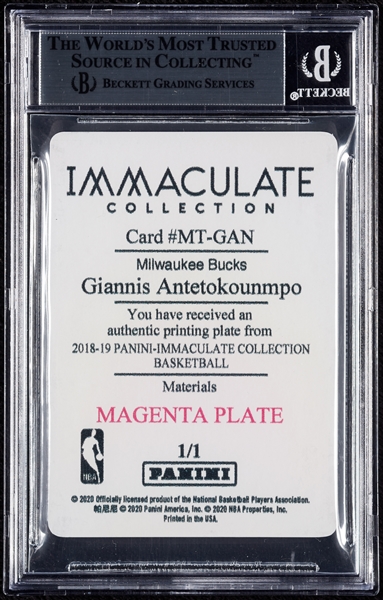 2018 Immaculate Giannis Antetokounmpo Printing Plates Magenta (1/1) BGS 9