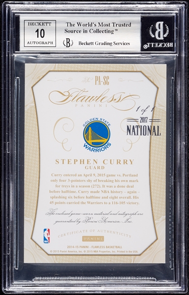 2014 Panini Flawless Stephen Curry Patch Autographs National (1/1) BGS 9 (AUTO 10)
