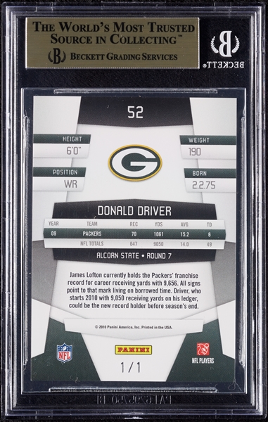 2010 Certified Donald Driver No. 52 Mirror Black (1/1) BGS 9.5