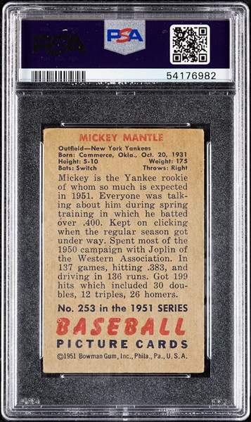 1951 Bowman Mickey Mantle RC No. 253 PSA 1