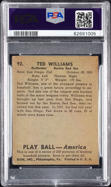 1939 Play Ball Ted Williams RC No. 92 PSA 3