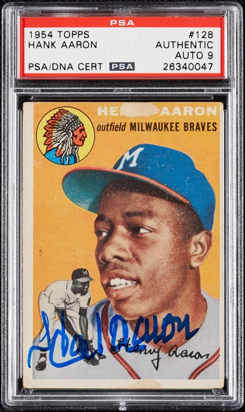 Hank Aaron Signed 1954 Topps RC No. 128 (Graded PSA/DNA 9)