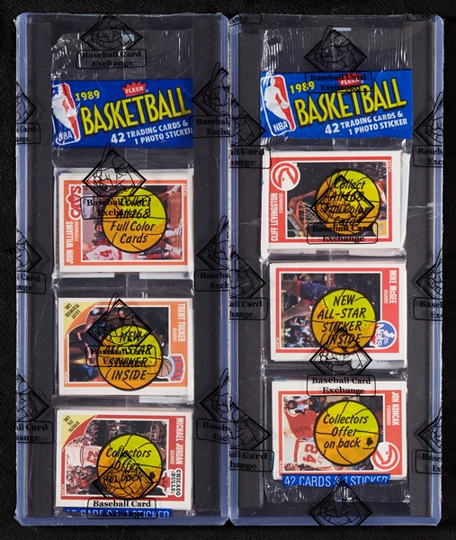 1989 Fleer Basketball Rack Packs Pair with Michael Jordan Base & Sticker Showing (2) (BBCE)