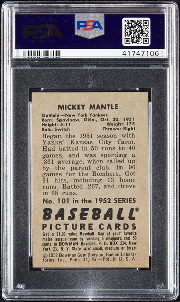 1952 Bowman Mickey Mantle No. 101 PSA 6
