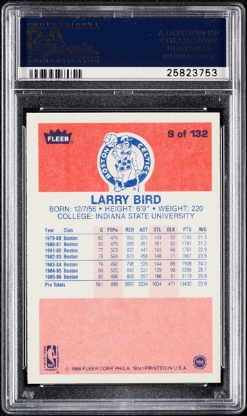 1986 Fleer Larry Bird No. 9 PSA 10
