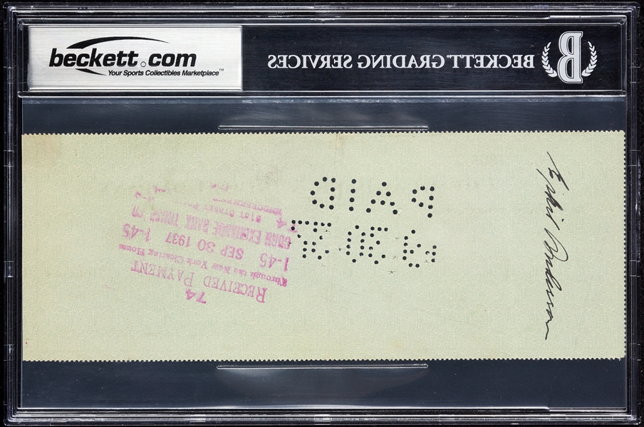 Babe Ruth Signed Personal Check (1937) (Graded BAS 9)