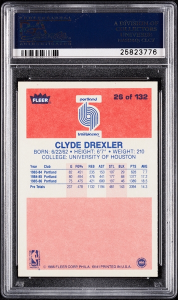 1986 Fleer Clyde Drexler RC No. 26 PSA 9