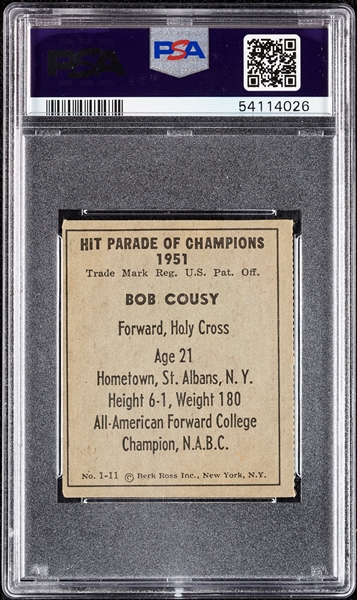 1951 Berk Ross Bob Cousy RC No. 1-11 PSA 4