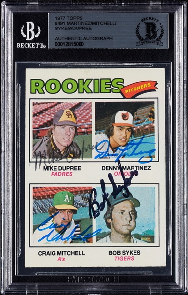 Complete Signed 1977 Topps Rookie Pitchers with Dupree, Martinez, Mitchell & Sykes (BAS)