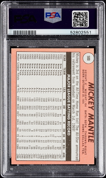 1969 Topps Mickey Mantle Last Name in Yellow No. 500 PSA 8 (MC)